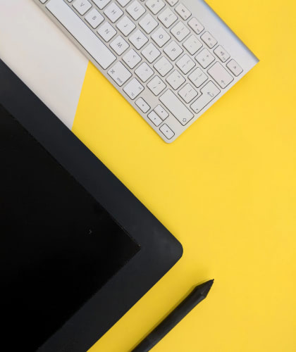 Graphics tablet and keyboard on a desk
