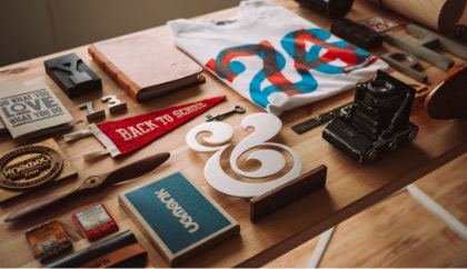 Branding items and design objects on a table